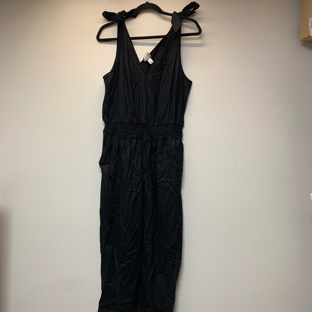 A New Day Jumpsuit Womens Medium Black NEW Linen Blend Tie Shoulder Smocked